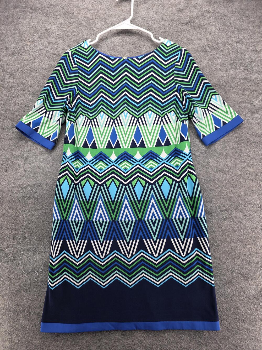 Eliza J Dress Womens 10P Blue Sheath Knee Length Chevron 3/4 Sleeve Lined
